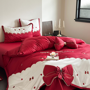 高档婚庆120支长绒棉刺绣结婚全棉四件套纯棉红色结婚陪嫁床品2m