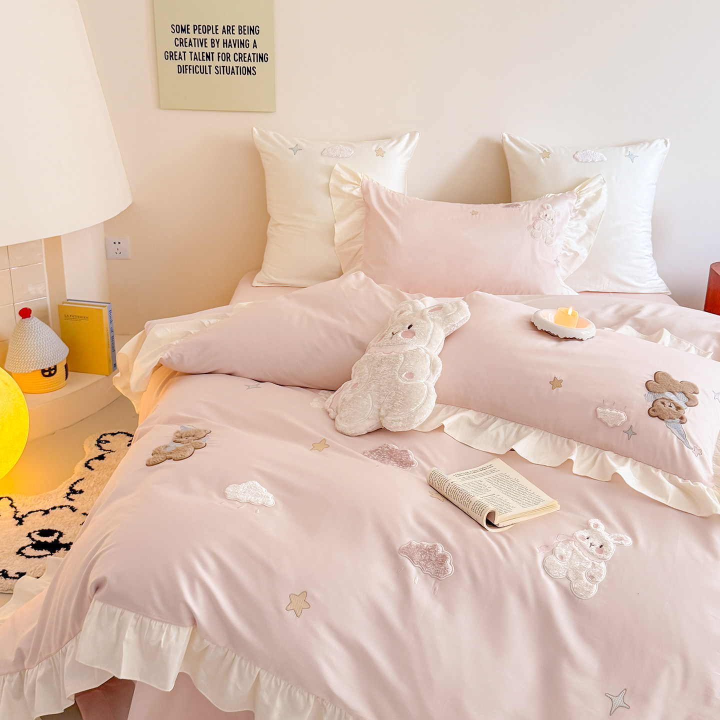 卡通可爱少女心纯棉花边100支长绒棉全棉三件套柔软公主风四件套,床上用品,床品套件/四件套/多件套,淘宝优惠券,粉丝福利购,淘宝优惠卷