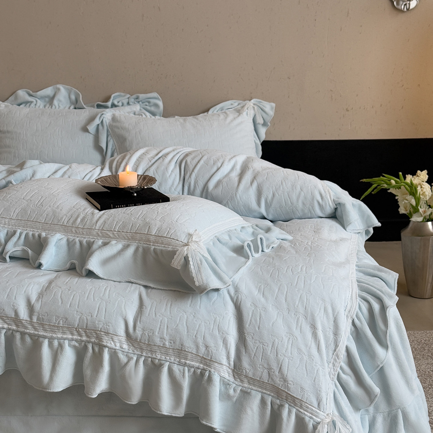 法式公主风蝴蝶结加厚雕花牛奶绒四件套保暖珊瑚绒花边床单被套2m