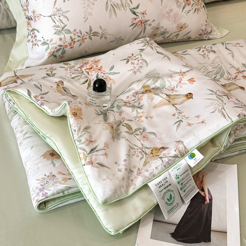 轻奢夏冰丝空调被60支天丝莱赛尔印花夏凉被夏被床笠床盖款四件套