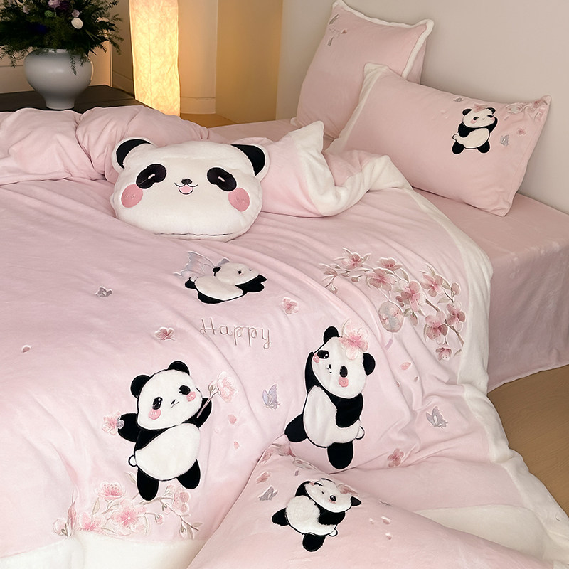卡通可爱少女心贴布绣熊猫牛奶绒四件套加绒保暖珊瑚绒床单2m被套