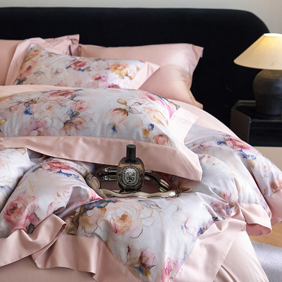 美式田园风床盖款高档120支长绒棉数码印花四件套纯棉贡缎全棉1.8