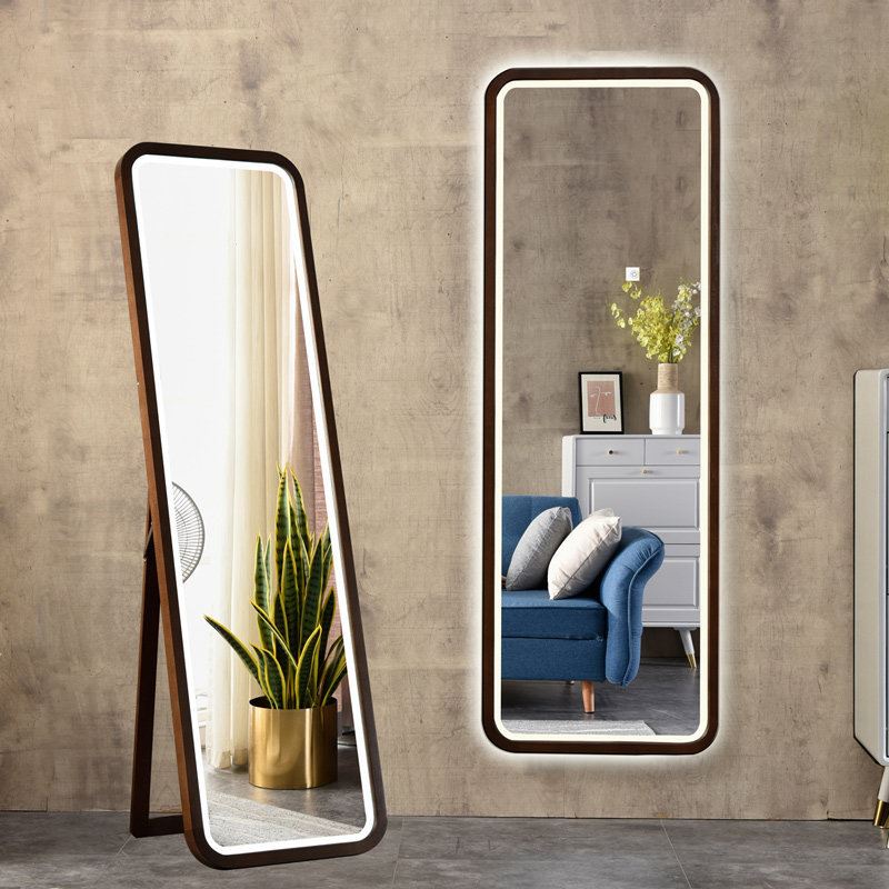 家逸实木穿衣镜家用简约全身落地镜挂墙ins风小户型带灯试衣镜子