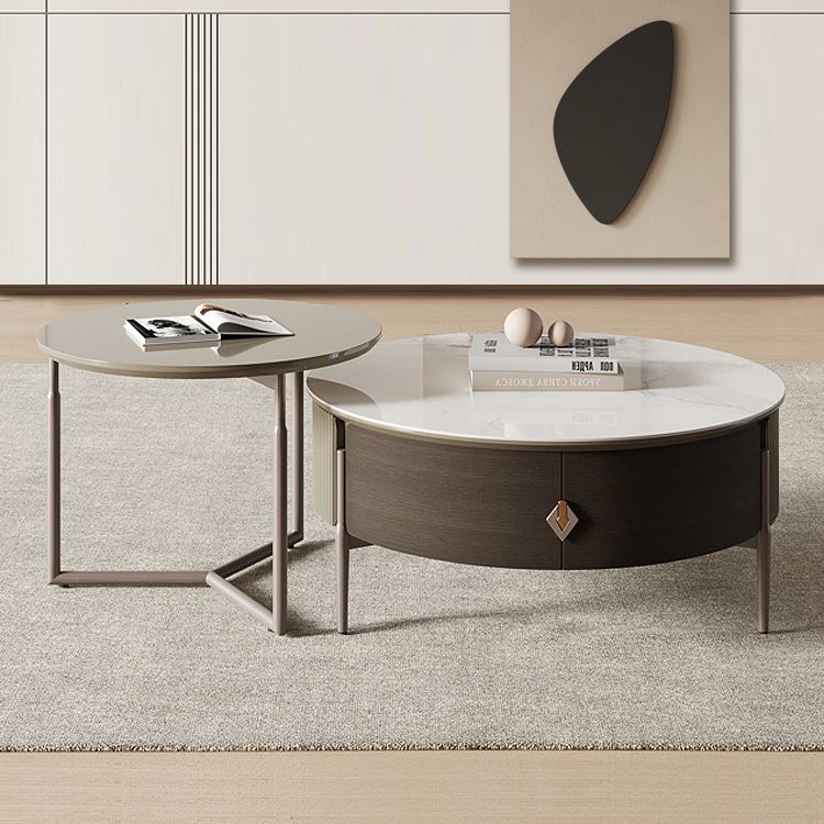 岩板圆形茶几轻奢现代电视柜组合小户型意式简约复古茶几桌客厅