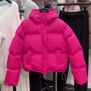 秋冬季欧货小众设计感超好看立领火龙果色短款加厚棉服外套女新款