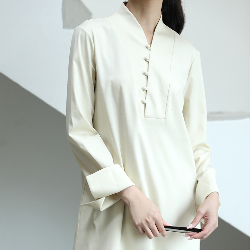 桃知窈窈国潮女装2022秋/汉服领 针织春秋长袖中长款衬衫裙纯色