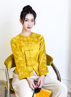 桃知窈窈2024春夏/蜜语 文艺中式花鸟纹圆领长袖短款盘扣衬衫
