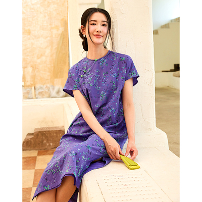 文艺中式宽松碎花圆领旗袍裙