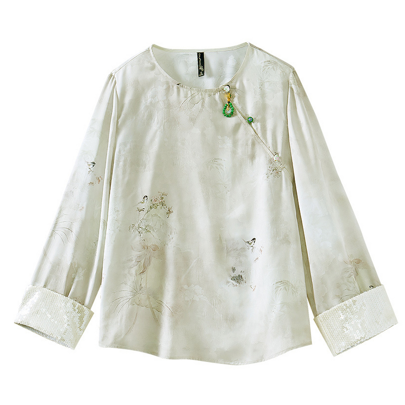 新中式长袖缎面印花古典衬衫