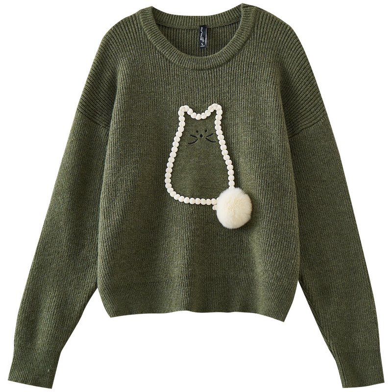 【年终大清仓】织带绣花猫咪图案毛衣圆领针织衫SR206