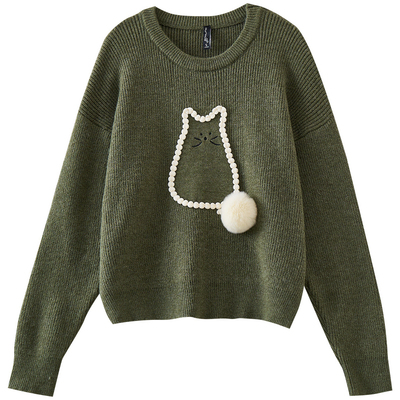 欧昵雪织带绣花猫咪图案毛衣女