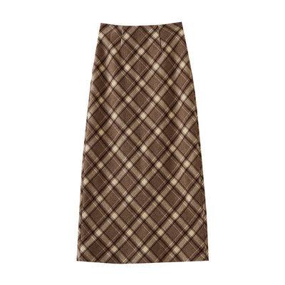 欧昵雪复古百搭格子毛呢半身裙女