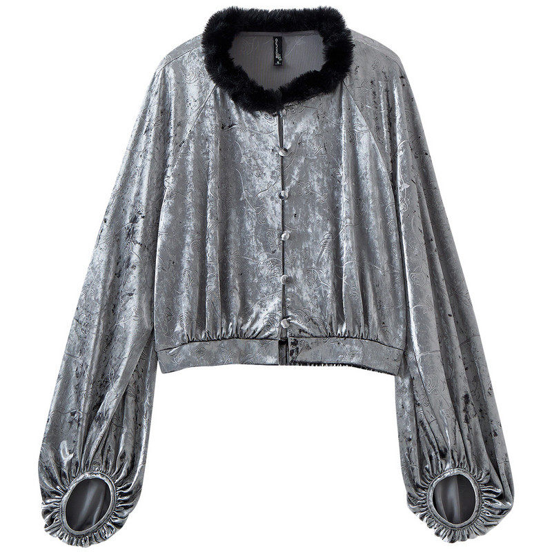 【玉米粉丝专享】毛领拼接压花丝绒上衣复古灯笼袖外套SR159,女装/女士精品,短外套,淘宝优惠券,粉丝福利购,淘宝优惠卷