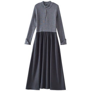 【爆米花专属】针织拼接假两件拉链半高领连衣裙DR151