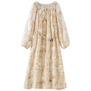 方领时尚 长袖 绣花休闲碎花雪纺连衣裙DQ398 书婷专享