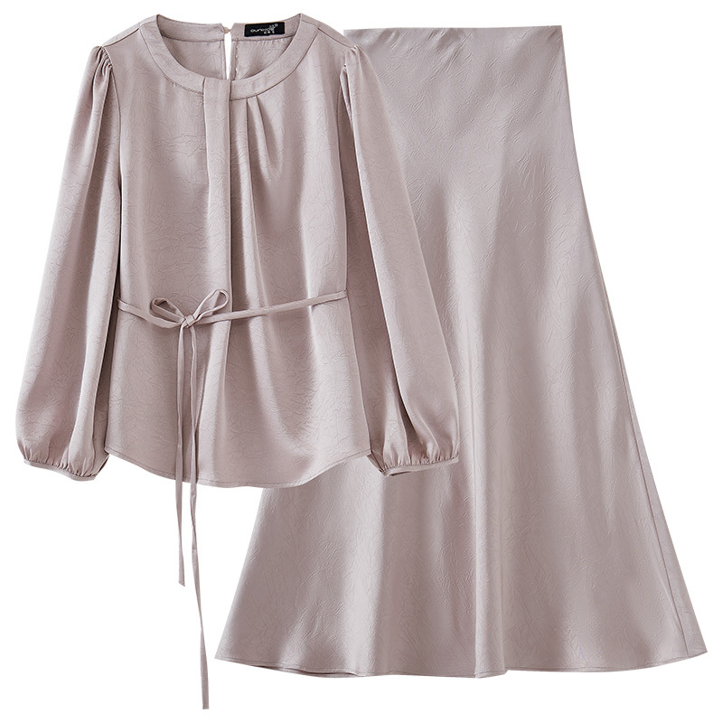 圆领缎面系带上衣时尚鱼尾裙套装