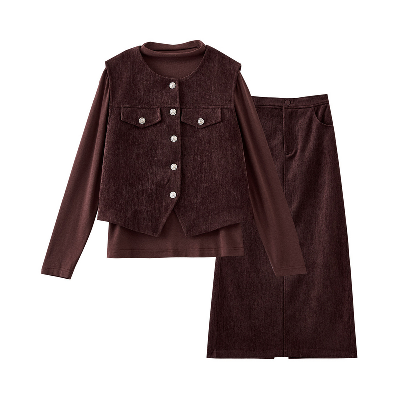 欧昵雪打底衫马甲半身裙三件套女