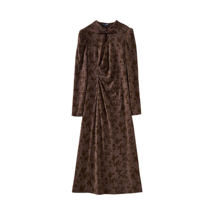 【年终大清仓】立领中式盘扣镂空植绒印花针织连衣裙DQ051