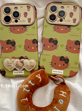 可爱HelloKitty带支架适用苹果17手机壳皮质绿色iphone16promax带挂绳17promax新款15防摔保护套14女款16全包