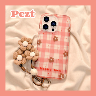 ins风粉色格纹花朵适用苹果17手机壳带手链iphone16promax皮质17promax少女心新款 15防摔13保护套14女16全包