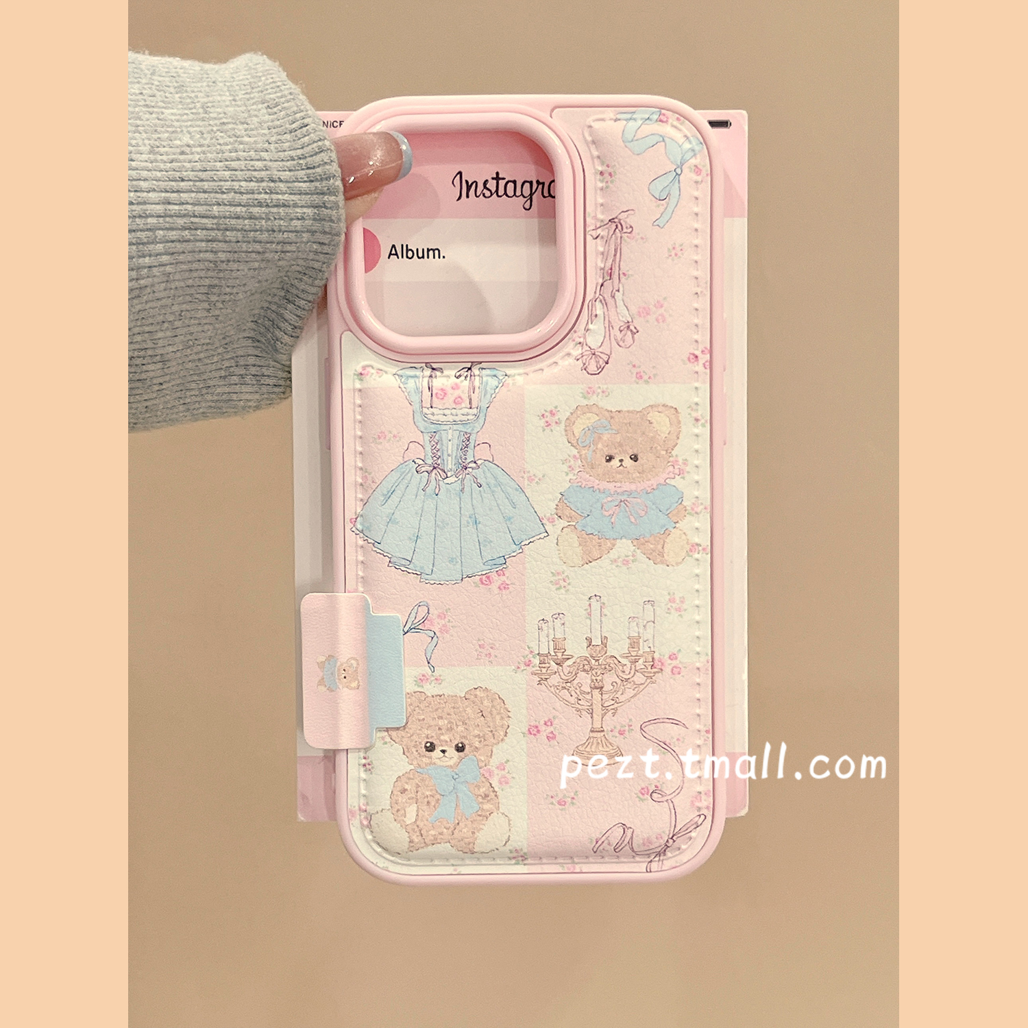 小熊裙子粉色花朵手机壳皮质