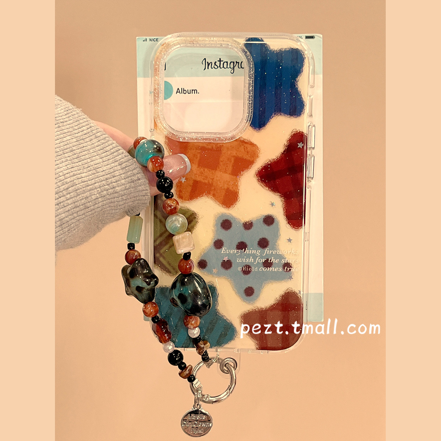 彩色涂鸦格纹星星手机壳带手链