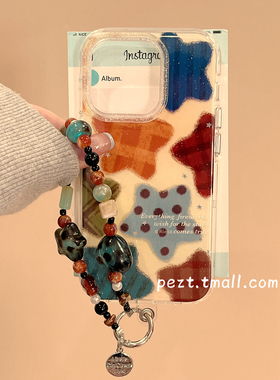 彩色涂鸦格纹星星适用苹果17手机壳带手链iphone16promax闪粉17pro新款13防摔套15ProMax小众14女款16Pro全包