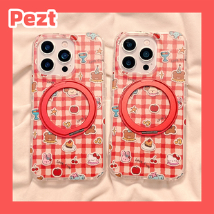 红色格纹卡通可爱小动物适用苹果17磁吸手机壳iphone16promax双层17promax新款15防摔保护套14支架16女款全包