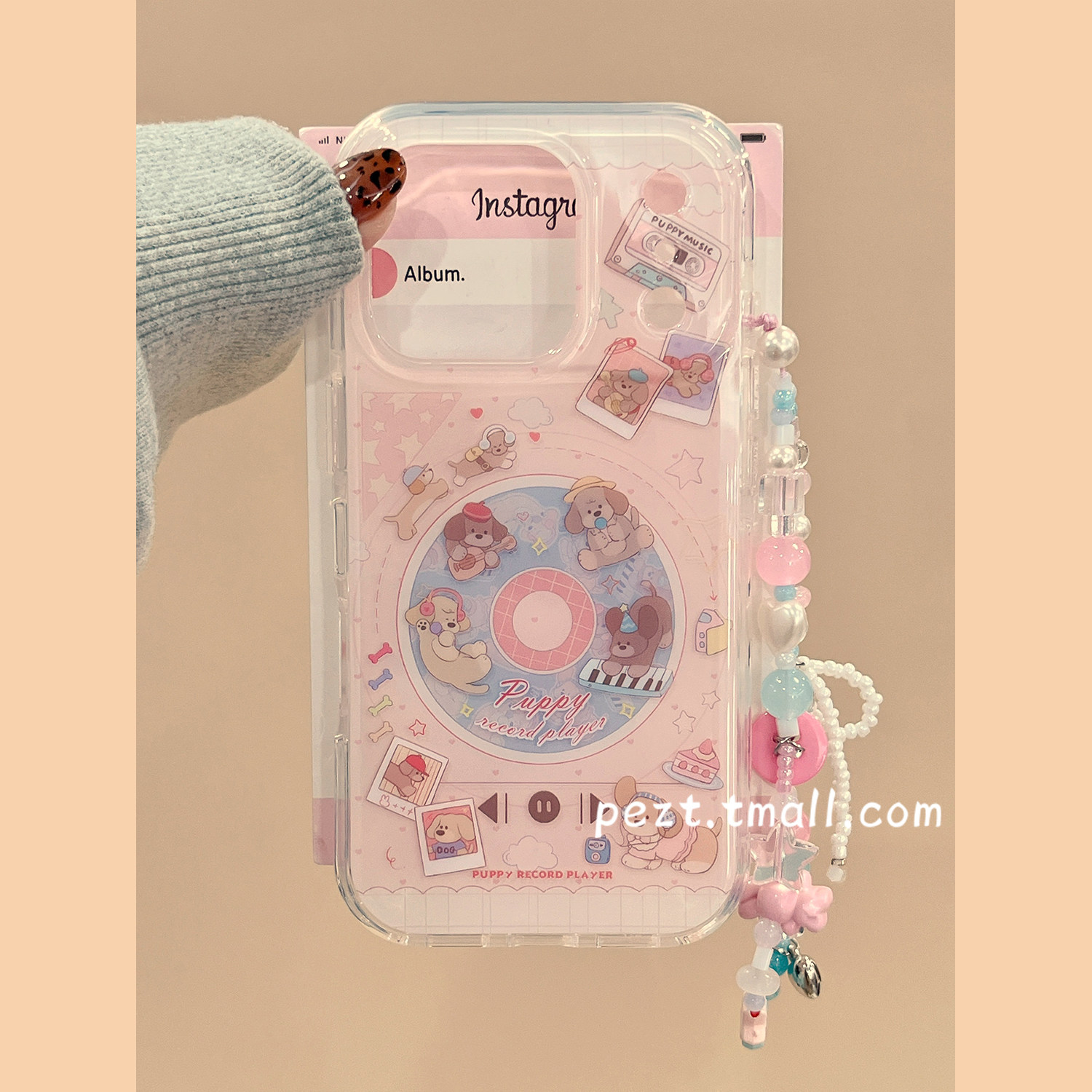 可爱音乐唱片小狗手机壳带手链