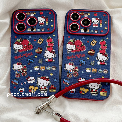 可爱hellokitty牛仔布皮质手机壳