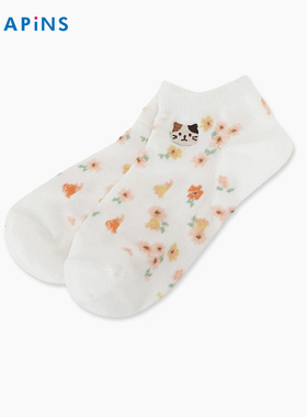 HAPiNS猫咪花朵袜子女秋冬款袜浅口卡通短筒袜防滑不掉跟可爱