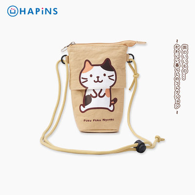日本HAPiNS斜挎包女水杯多功能小巧便携手机包百搭休闲帆布包猫咪