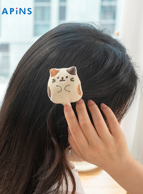 日本hapins小猫发夹刘海夹子少女边夹三花猫咪毛绒小发夹女侧边夹