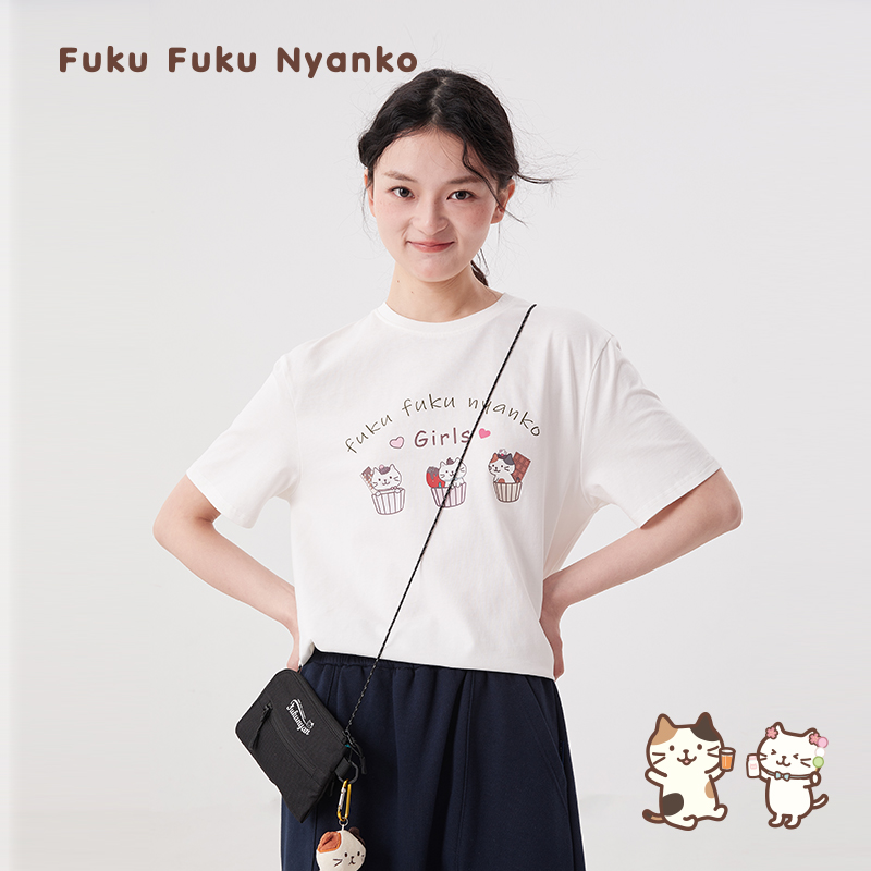 日本HAPiNS夏季2024女装新款100%全棉甜品小猫印花白色短袖T恤