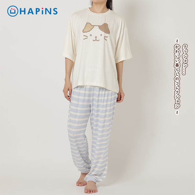 日本HAPiNS三花猫睡衣女夏季短袖长裤套装宽松家居服可外穿家居服