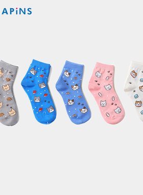 HAPiNS袜子女短袜2025春夏双纱棉可爱猫咪吸汗透气运动猫咪袜