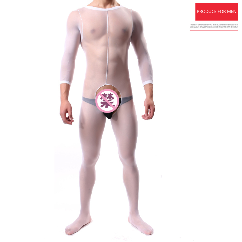 男士连体袜 男长袖连体白色丝袜 男高弹力连身透明圆领袜塑形纯色