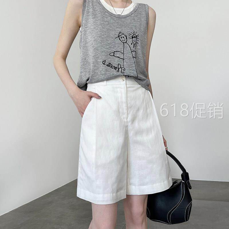 白色亚麻短裤女夏2025新款老钱风宽松休闲 高腰a字阔腿天丝五分裤