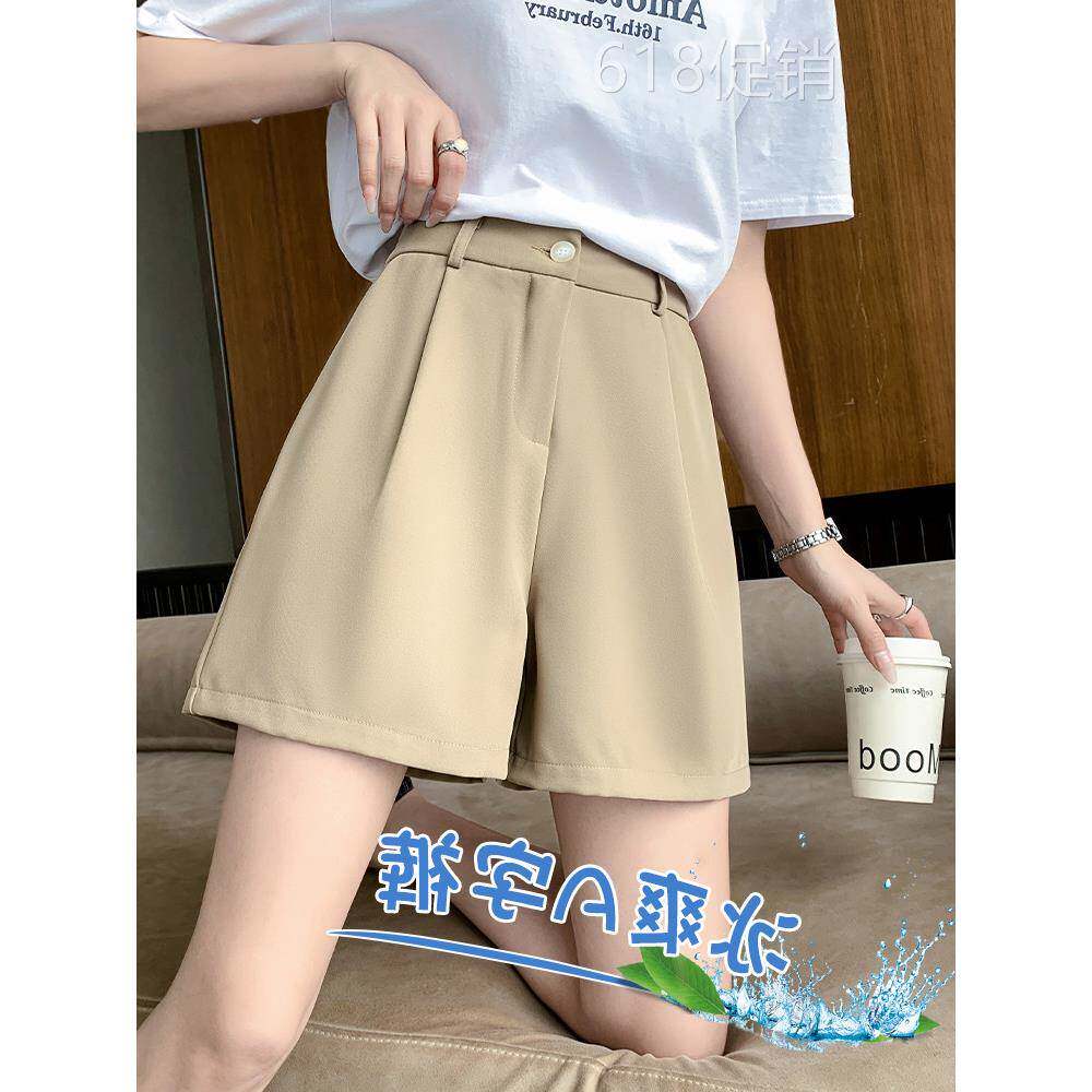 卡其布套装短裤女性夏季薄热裤高腰大尺寸宽松修身Look a线休闲中