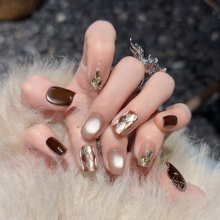 网红爆款穿戴甲高级感秋冬猫眼格纹美甲甲片短款穿戴式假指甲片