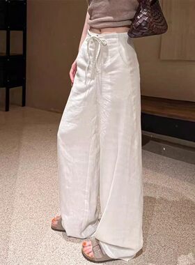 白色亚麻窄版阔腿裤女2026夏季新薄款高腰显瘦宽松透气拖地长裤子