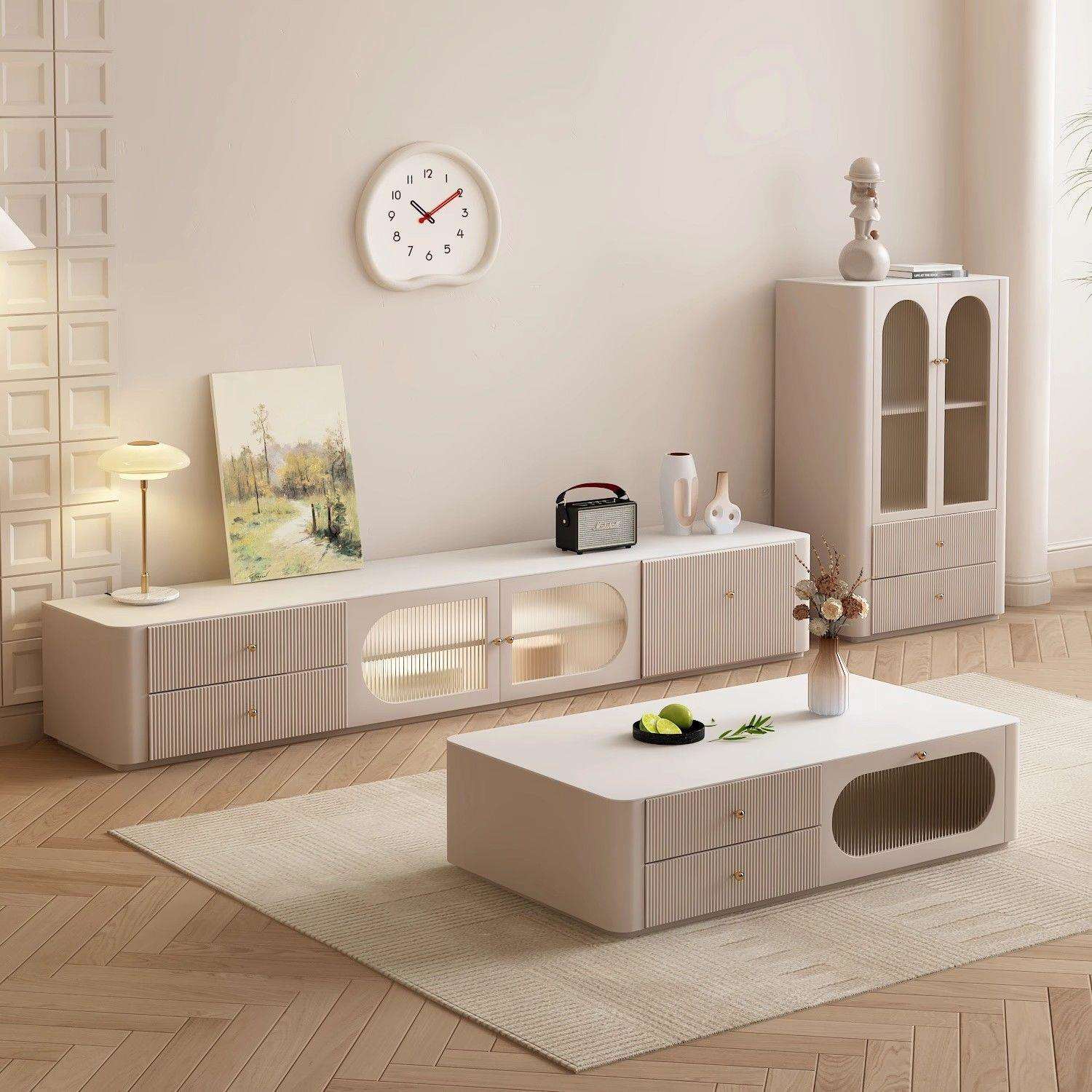 奶油风电视柜简约现代客厅家用小户型落地式轻奢卧室收纳茶几组合