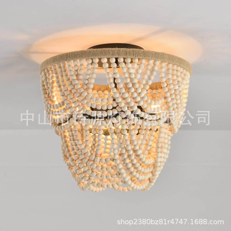 美式书房卧室原木木珠灯卧室复古手工编织吸顶灯木艺玄关装饰灯具