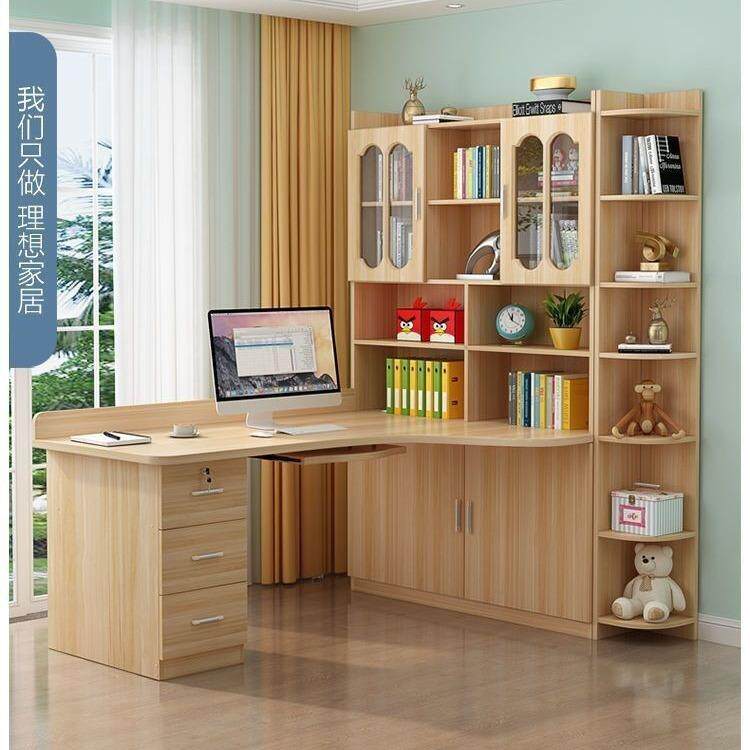 实木书桌书架组合转角电脑桌台式书柜一体儿童卧室拐角学习写字桌