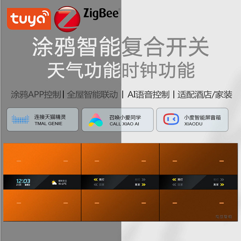 Zigbee智能开关实时显示天气时间带雷达人体感应自动亮屏背光可调