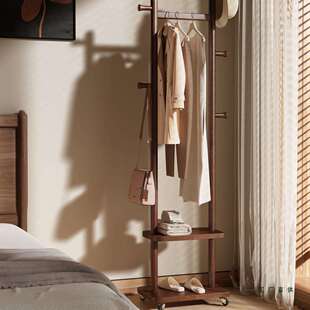 新款实木衣帽架中古风挂衣架落地卧室可移动室内晾衣服架入门衣架
