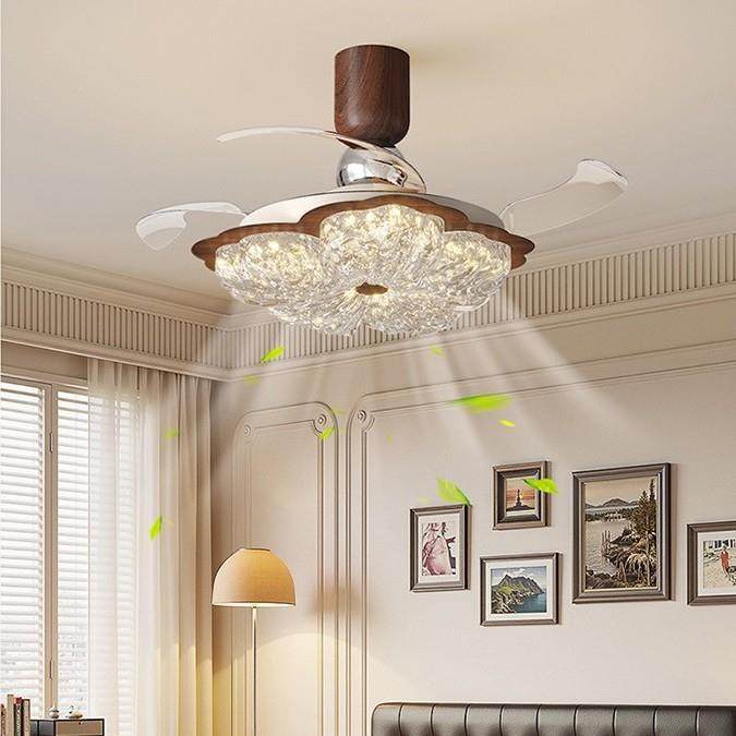 隐形风扇灯中古风花朵卧室灯法式奶油风静音电扇一体餐厅吊扇灯具