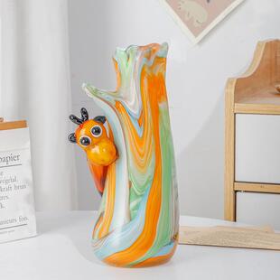 创意古法彩色琉璃花瓶小鹿花瓶摆件高档插花工艺品儿童房软装饰品