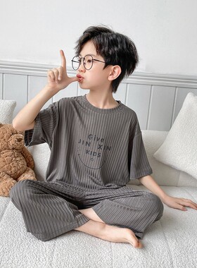 全棉纯棉儿童装男童睡衣夏装家居服套装夏季薄款大童夏款莫代尔男