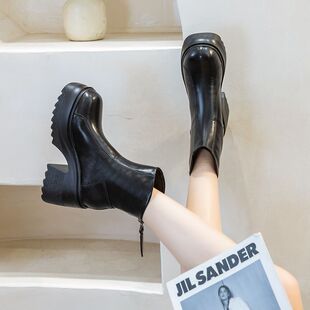 真皮马丁靴女中筒2023新款小个子厚底高跟鞋秋冬加绒粗跟短靴显瘦